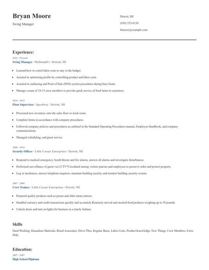 Swing Manager Resume