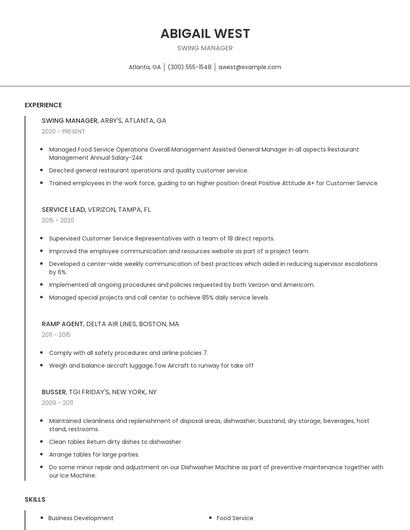 Swing Manager Resume