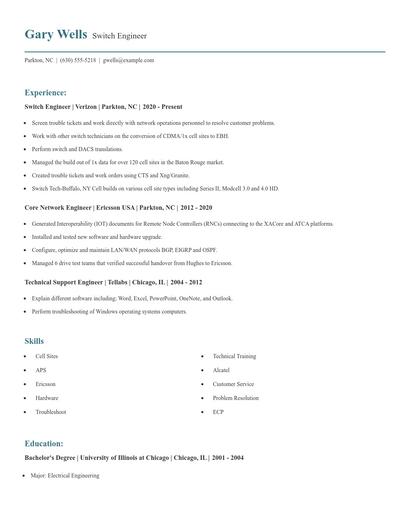 Switch Engineer Resume
