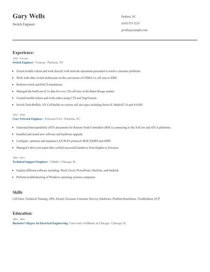 Switch Engineer Resume