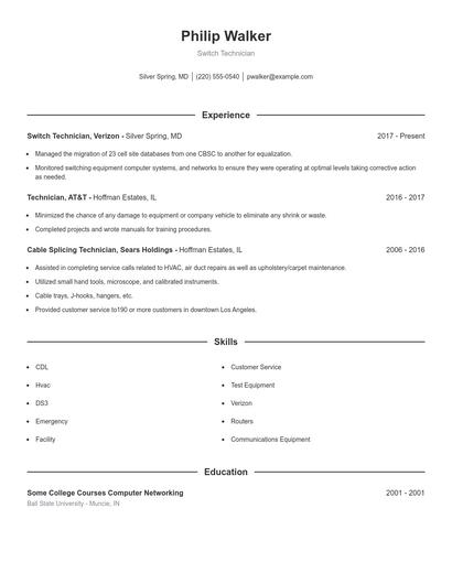 Switch Technician Resume