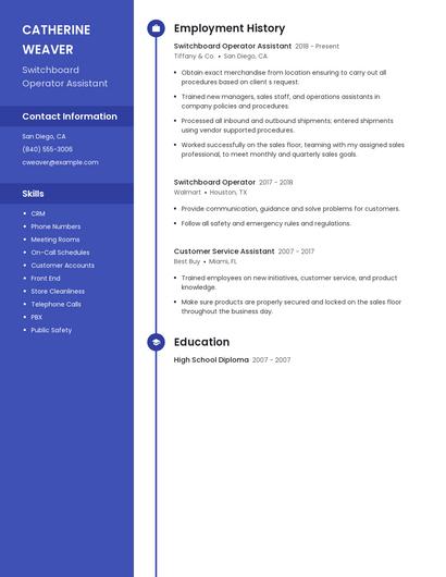 Switchboard Operator Assistant Resume