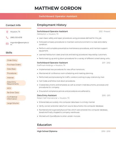 Switchboard Operator Assistant Resume