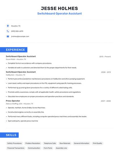 Switchboard Operator Assistant Resume