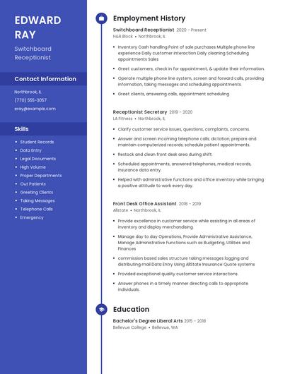 Switchboard Receptionist Resume