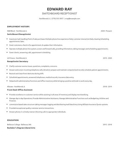 Switchboard Receptionist Resume