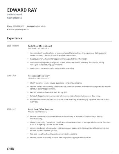 Switchboard Receptionist Resume