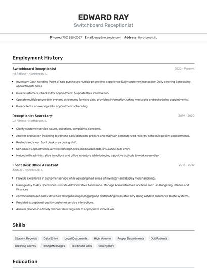 Switchboard Receptionist Resume