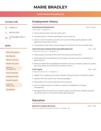 Switchboard Receptionist Resume