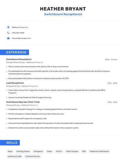 Switchboard Receptionist Resume