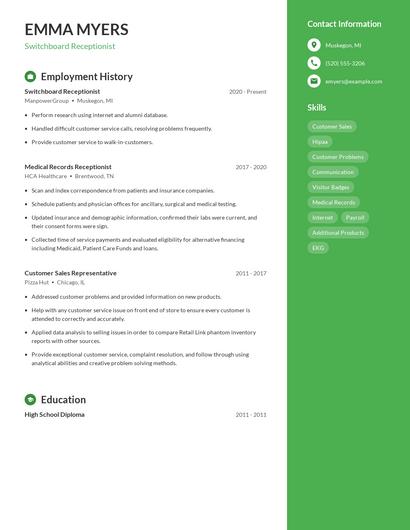 Switchboard Receptionist Resume