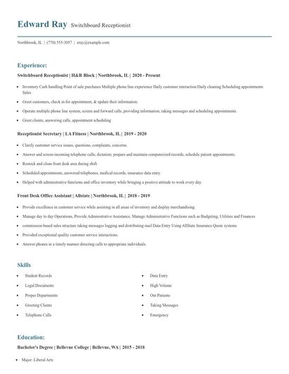 Switchboard Receptionist Resume