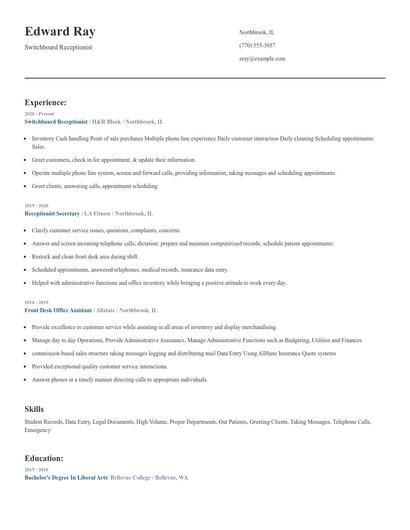 Switchboard Receptionist Resume