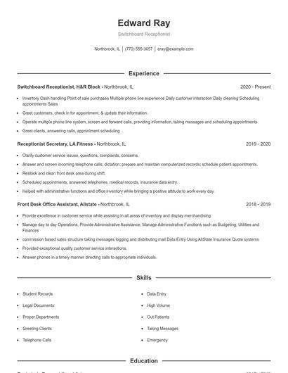 Switchboard Receptionist Resume