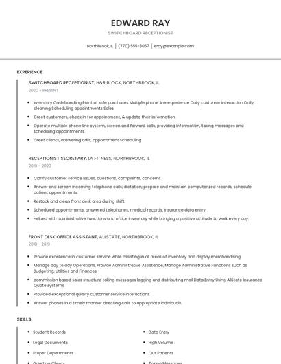 Switchboard Receptionist Resume