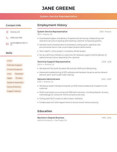 System Service Representative Resume