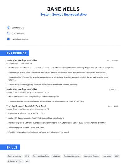System Service Representative Resume