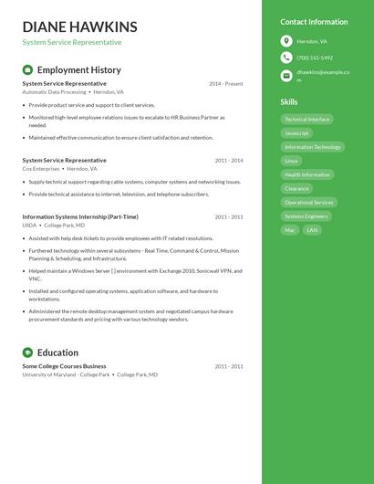System Service Representative Resume