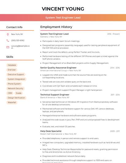 System Test Engineer Lead Resume
