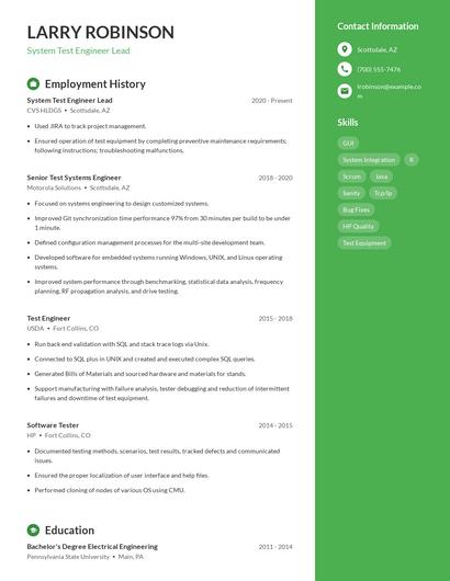 System Test Engineer Lead Resume