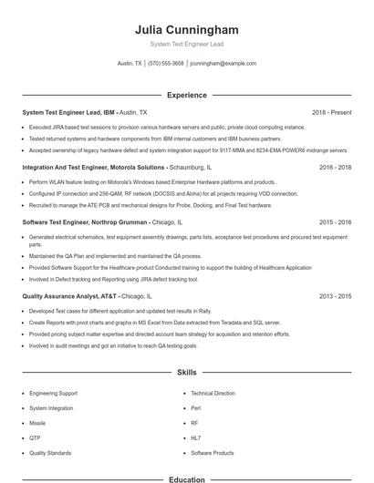 System Test Engineer Lead Resume