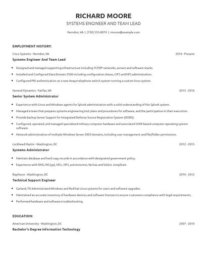 Systems Engineer And Team Lead Resume