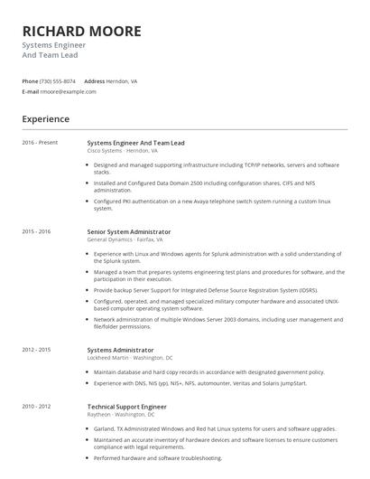 Systems Engineer And Team Lead Resume