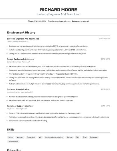 Systems Engineer And Team Lead Resume
