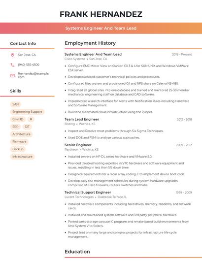 Systems Engineer And Team Lead Resume