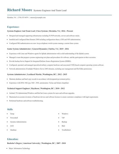 Systems Engineer And Team Lead Resume