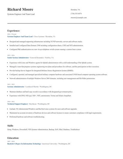 Systems Engineer And Team Lead Resume