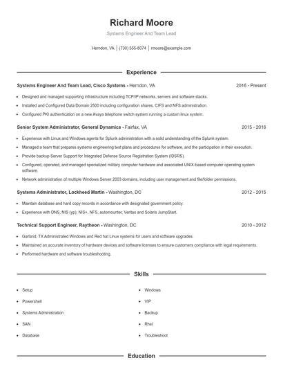 Systems Engineer And Team Lead Resume