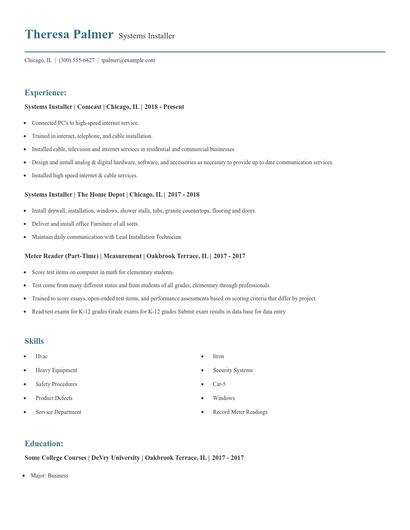 Systems Installer Resume