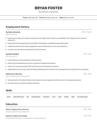 Systems Librarian Resume