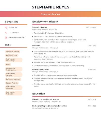 Systems Librarian Resume