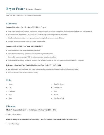 Systems Librarian Resume