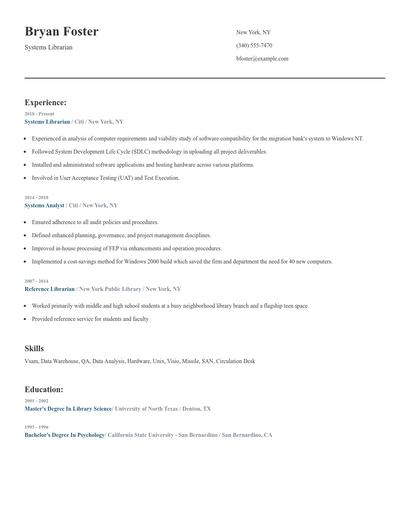 Systems Librarian Resume