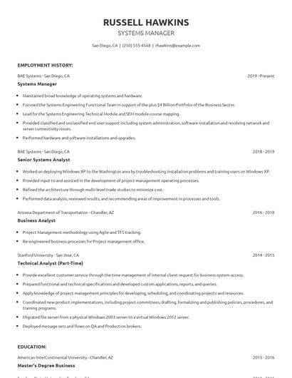 Systems Manager Resume