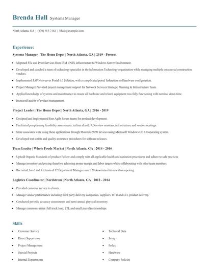 Systems Manager Resume