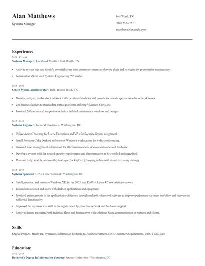 Systems Manager Resume
