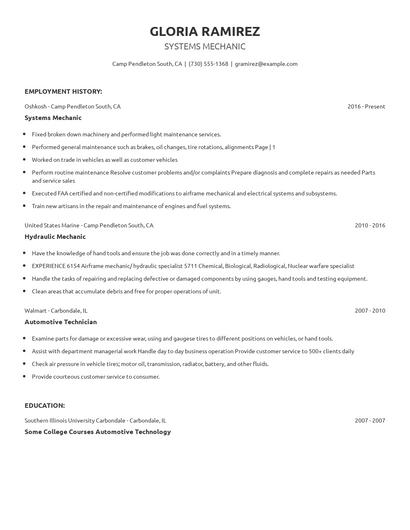 Systems Mechanic Resume