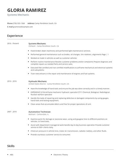 Systems Mechanic Resume