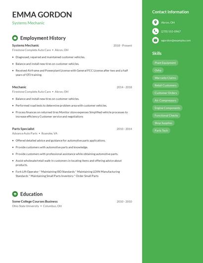 Systems Mechanic Resume