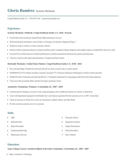 Systems Mechanic Resume