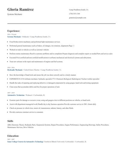 Systems Mechanic Resume