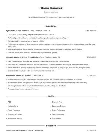 Systems Mechanic Resume