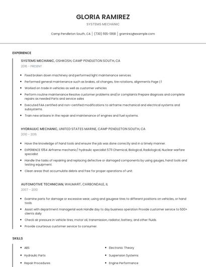 Systems Mechanic Resume