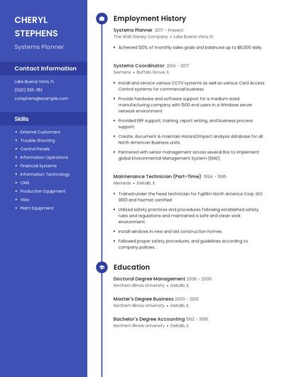 Systems Planner Resume