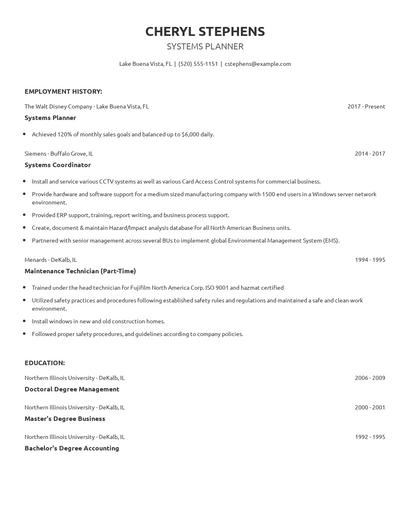 Systems Planner Resume