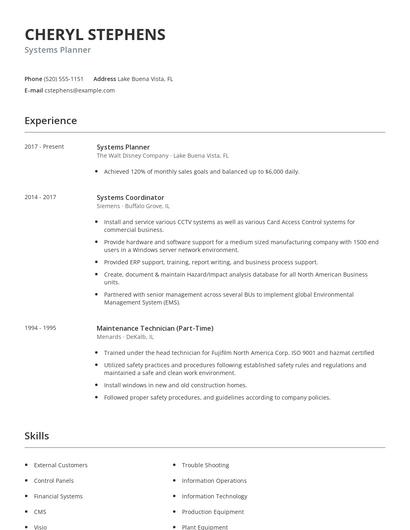 Systems Planner Resume